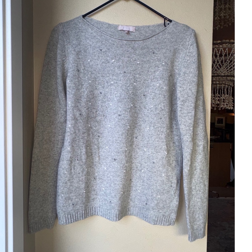 Pure Jill Sweater Merino Wool Cashmere Blend Gray Textured Dot Pullover Casual
